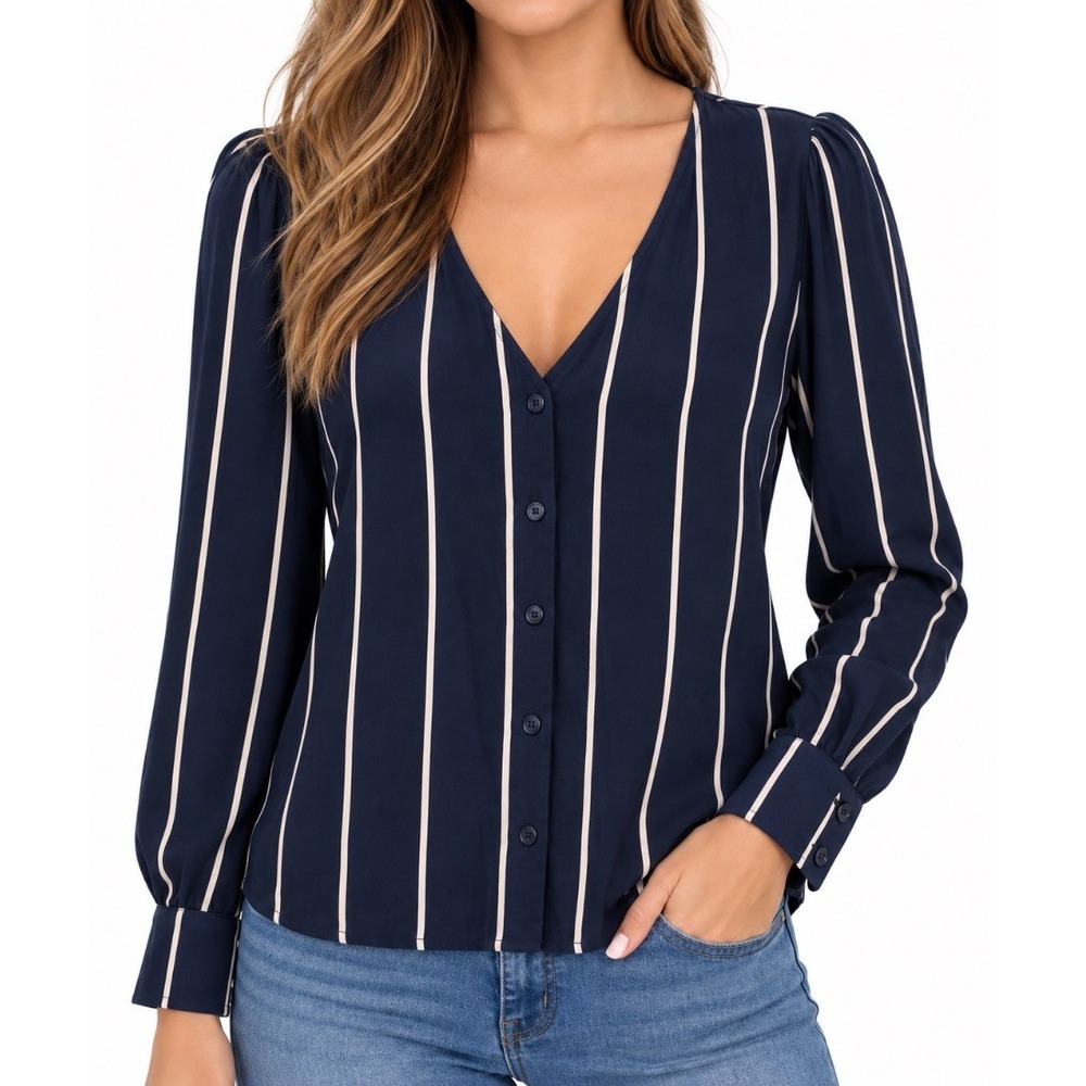 Reformation Womens Navy Blue Stripe Button Down Blouse Top Puff Sleeve Size L